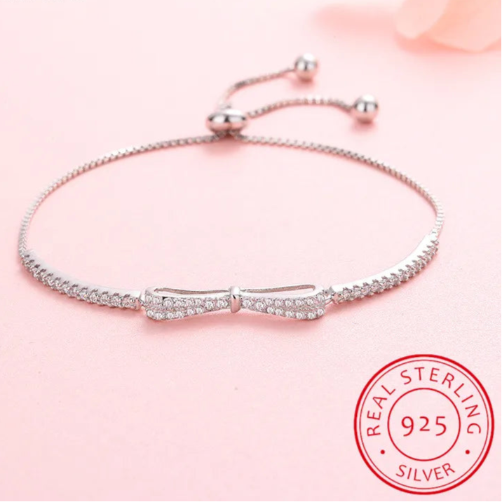 925 Sterling Silver Bow Bracelet Shiny Zircon