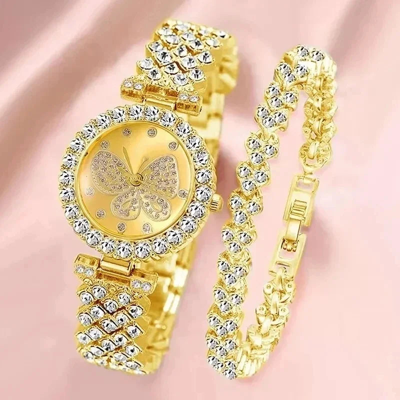 Butterfly Diamond Watch for Women 2 Pc