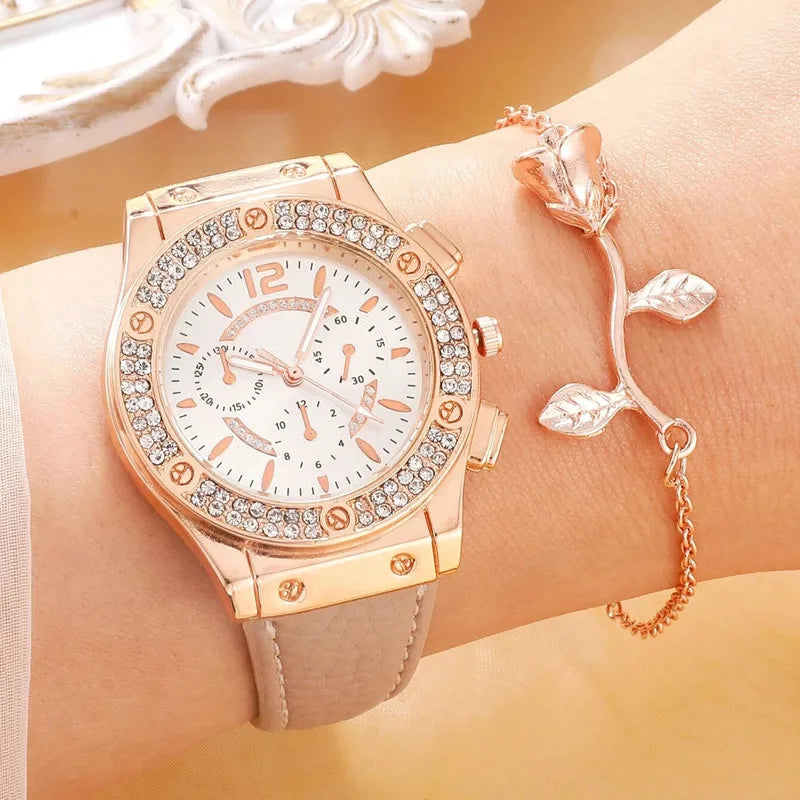 2PCS Rhinestone Women Crystal Quartz Bracelet & Watch