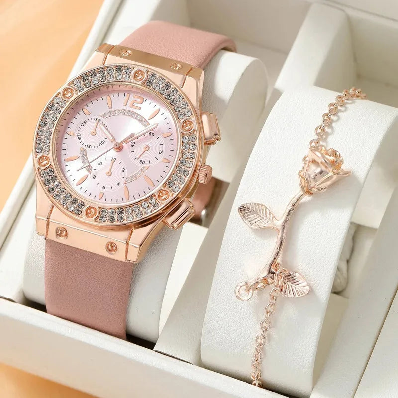 2PCS Rhinestone Women Crystal Quartz Bracelet & Watch