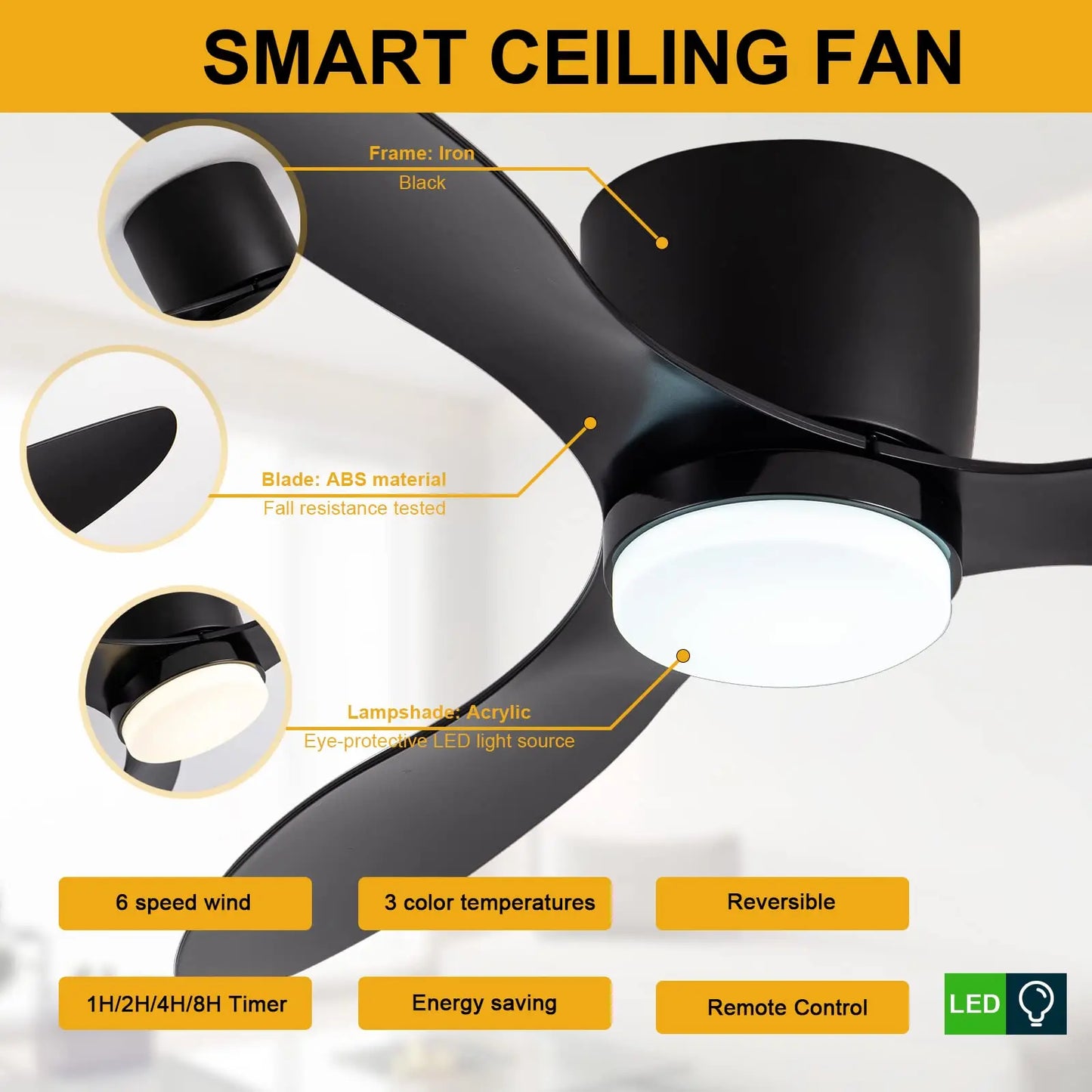 Silent & powerful ceiling fan 6-speed smart dimming LED