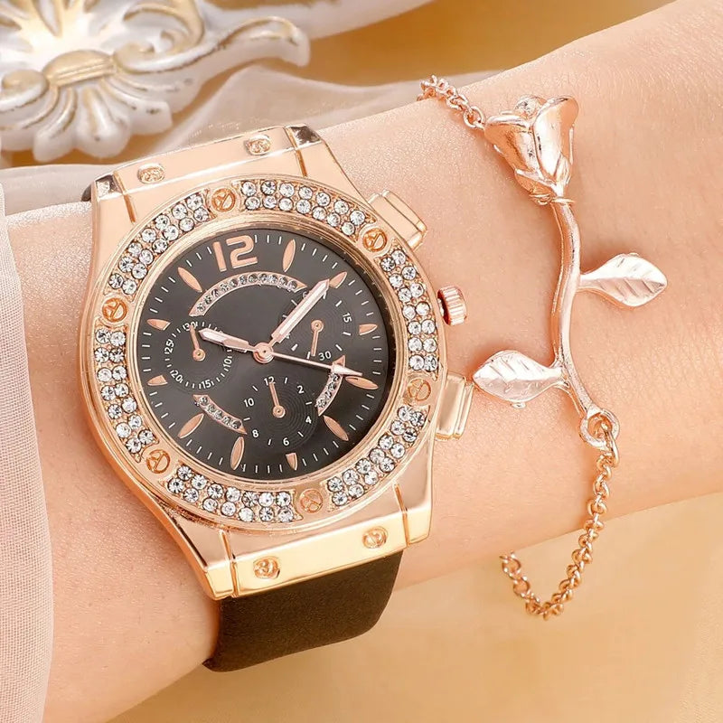 2PCS Rhinestone Women Crystal Quartz Bracelet & Watch