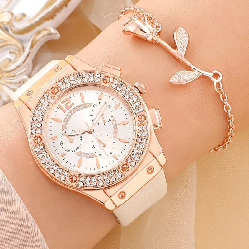 2PCS Rhinestone Women Crystal Quartz Bracelet & Watch