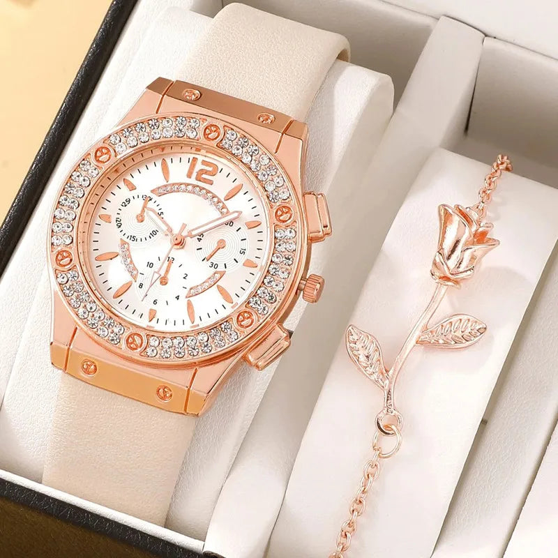 2PCS Rhinestone Women Crystal Quartz Bracelet & Watch