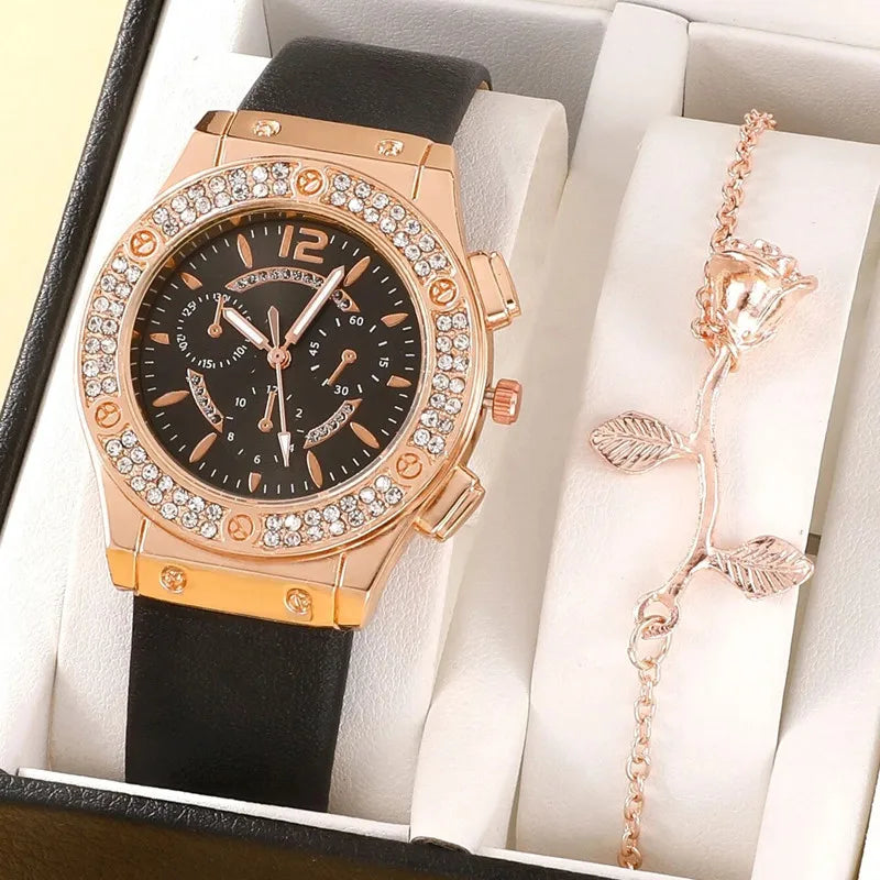 2PCS Rhinestone Women Crystal Quartz Bracelet & Watch