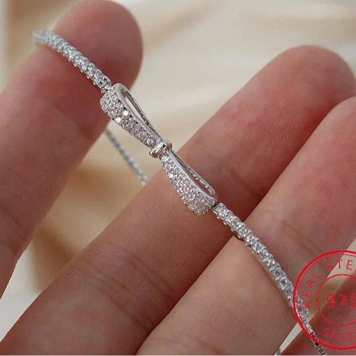 925 Sterling Silver Bow Bracelet Shiny Zircon