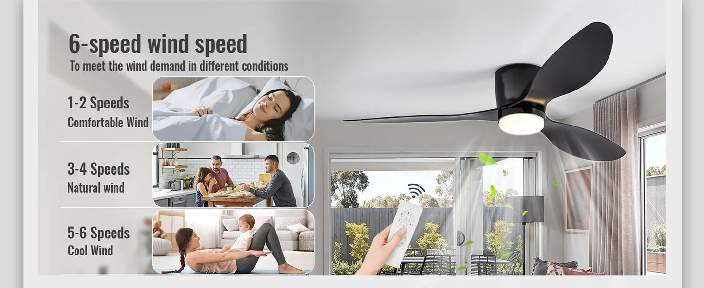 Silent & powerful ceiling fan 6-speed smart dimming LED